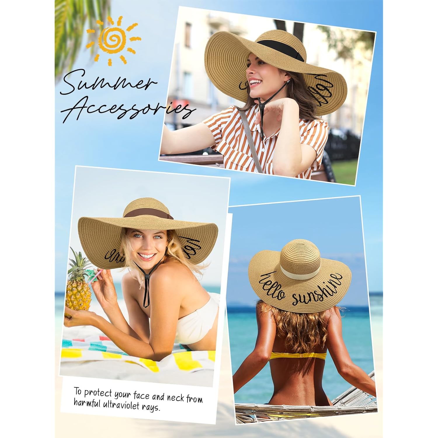Senker Fashion Floppy Beach Hats for Women Straw Sun Hat Foldable Wide Brim Embroidered Roll up Summer Vacation Travel