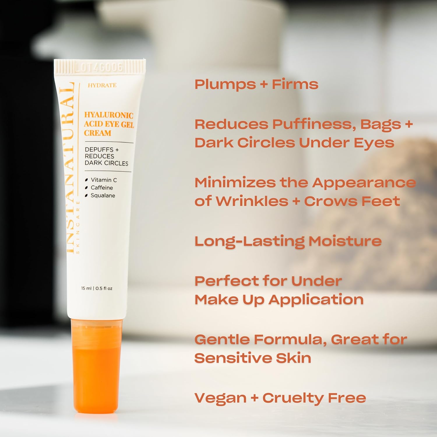Instanatural Hyaluronic Acid Eye Gel Cream, Hydrating Under Eye Cream For Women & Men, Decreases Puffiness, Dark Circles And Wrinkles, With Vitamin C, Caffeine, Squalane & Peptides, 0.5 Fl Oz