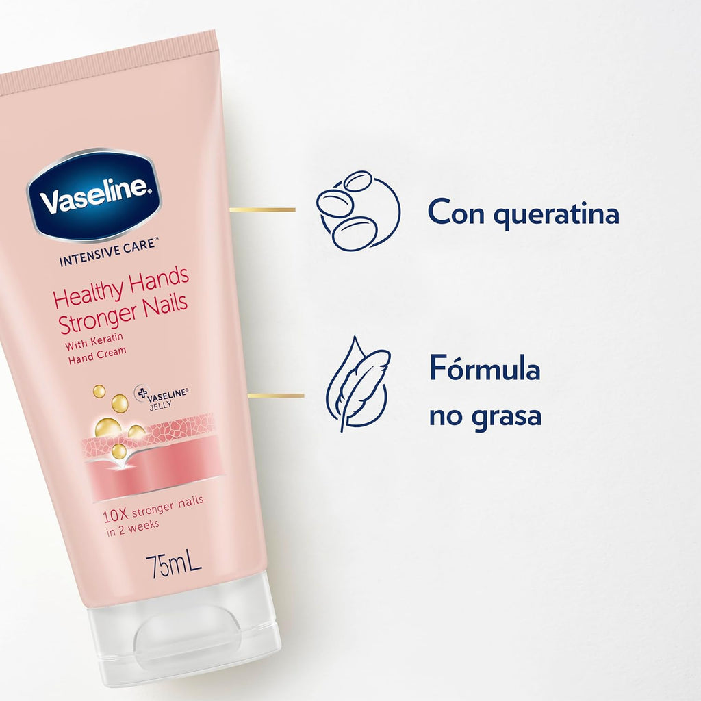 Vaseline Hand Cream 2-Pack – Healthy Hands Stronger Nails with Keratin, 10X Stronger Nails in 2 Weeks, 3.4 Oz Ea