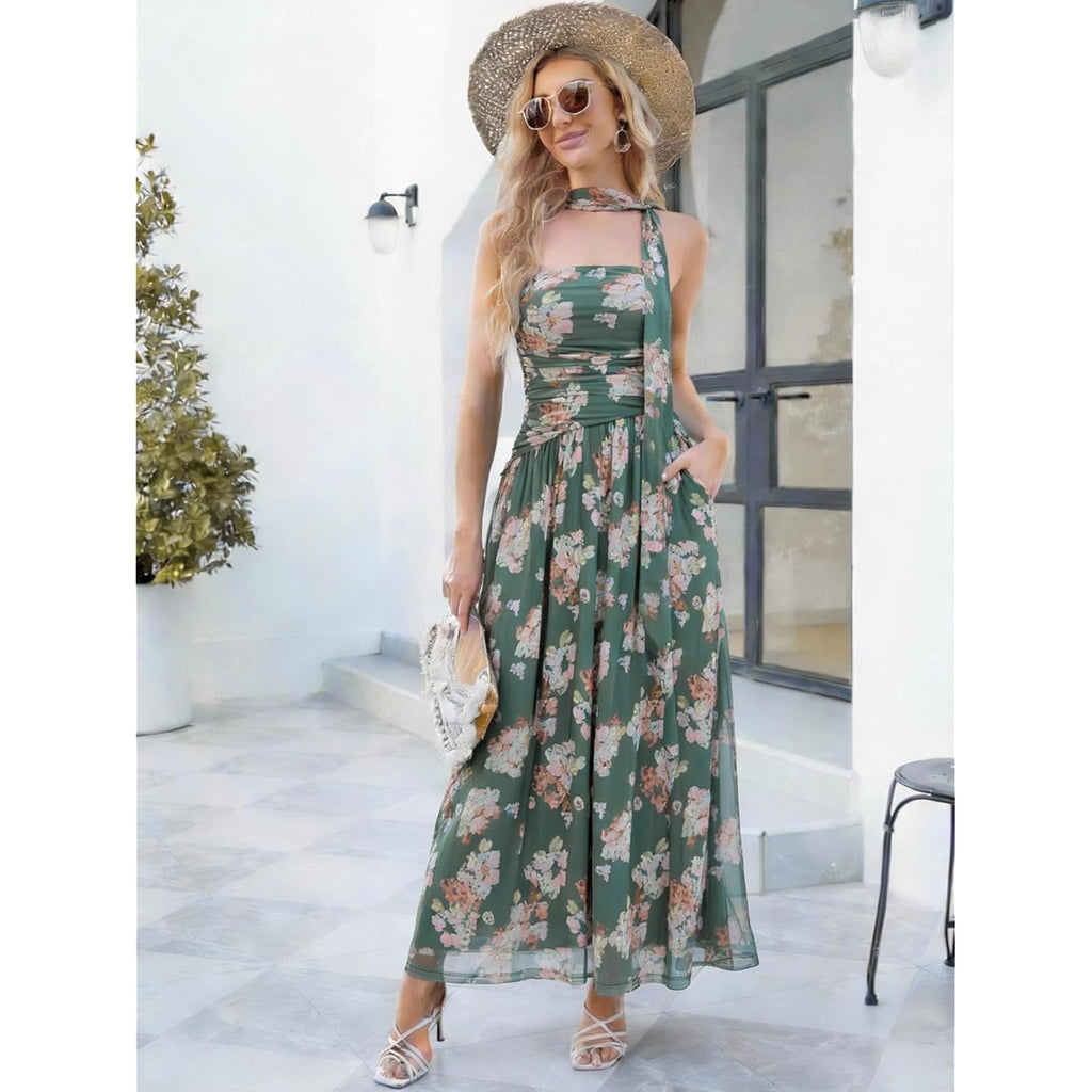 Summer Maxi Dresses For Women 2026 Strapless Ruched Tube Dress With Scarf Beach Vacation Spring Wedding Guest Dress Pockets