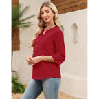 Lomon 3/4 Length Sleeve Womens Tops Cotton Linen Shirts V Neck Loose Fit Casual Blouses Early Fall Fashion Clothes