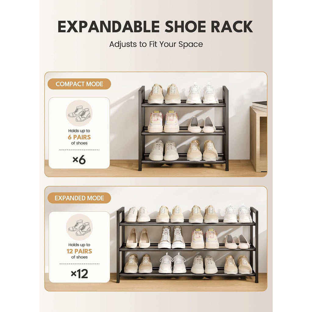 3-Tier Expandable Shoe Rack For Closet, 18“-33” Adjustable Shoe Rack For Small Space, Small Shoe Organizer For Front Door, Sturdy Metal, Black