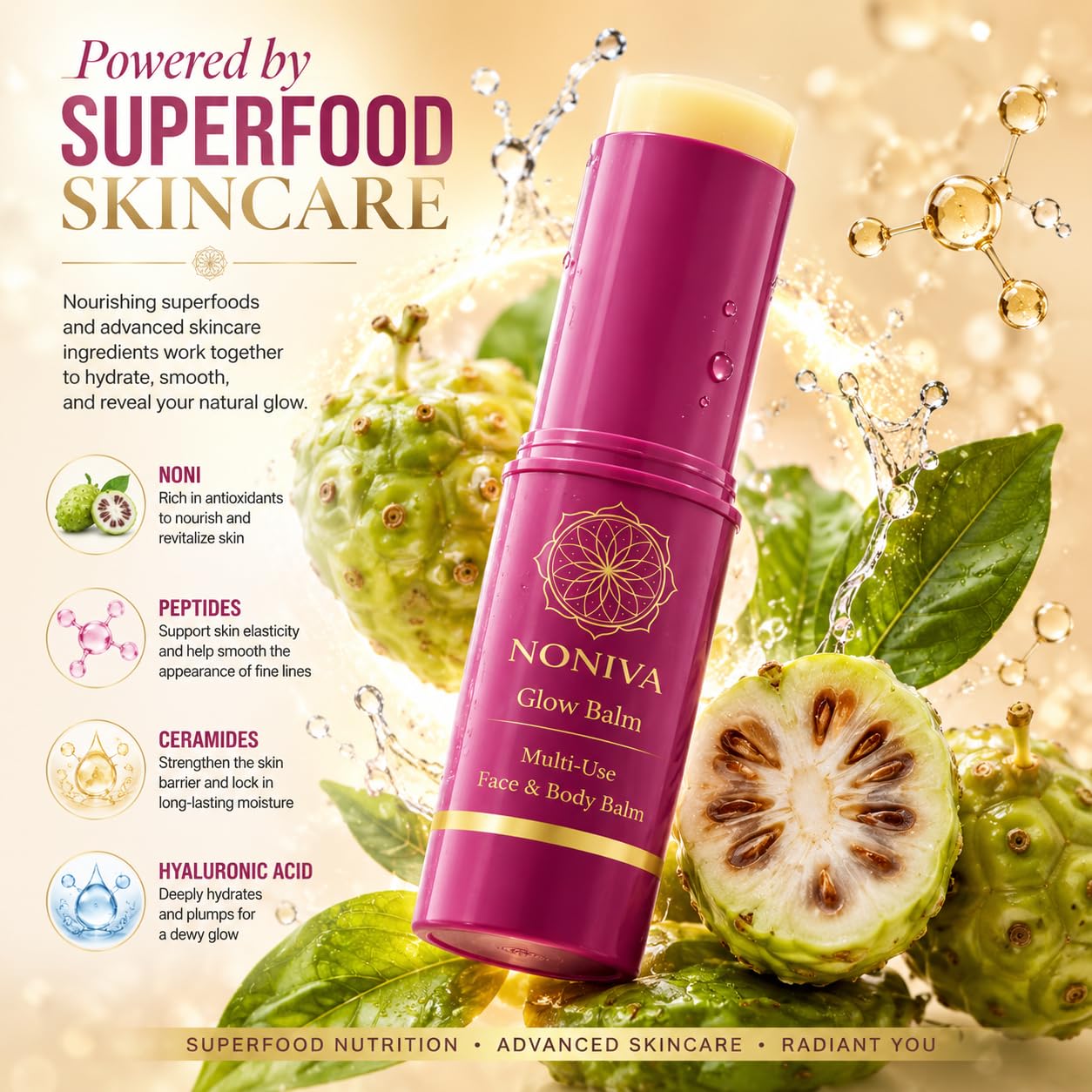 Noniva Noni Glow Balm Stick | Hydrating Face Balm For Dry Skin | Face, Lips, Neck & Under Eyes | Noni, Ceramides, Peptides, Hyaluronic Acid & Niacinamide