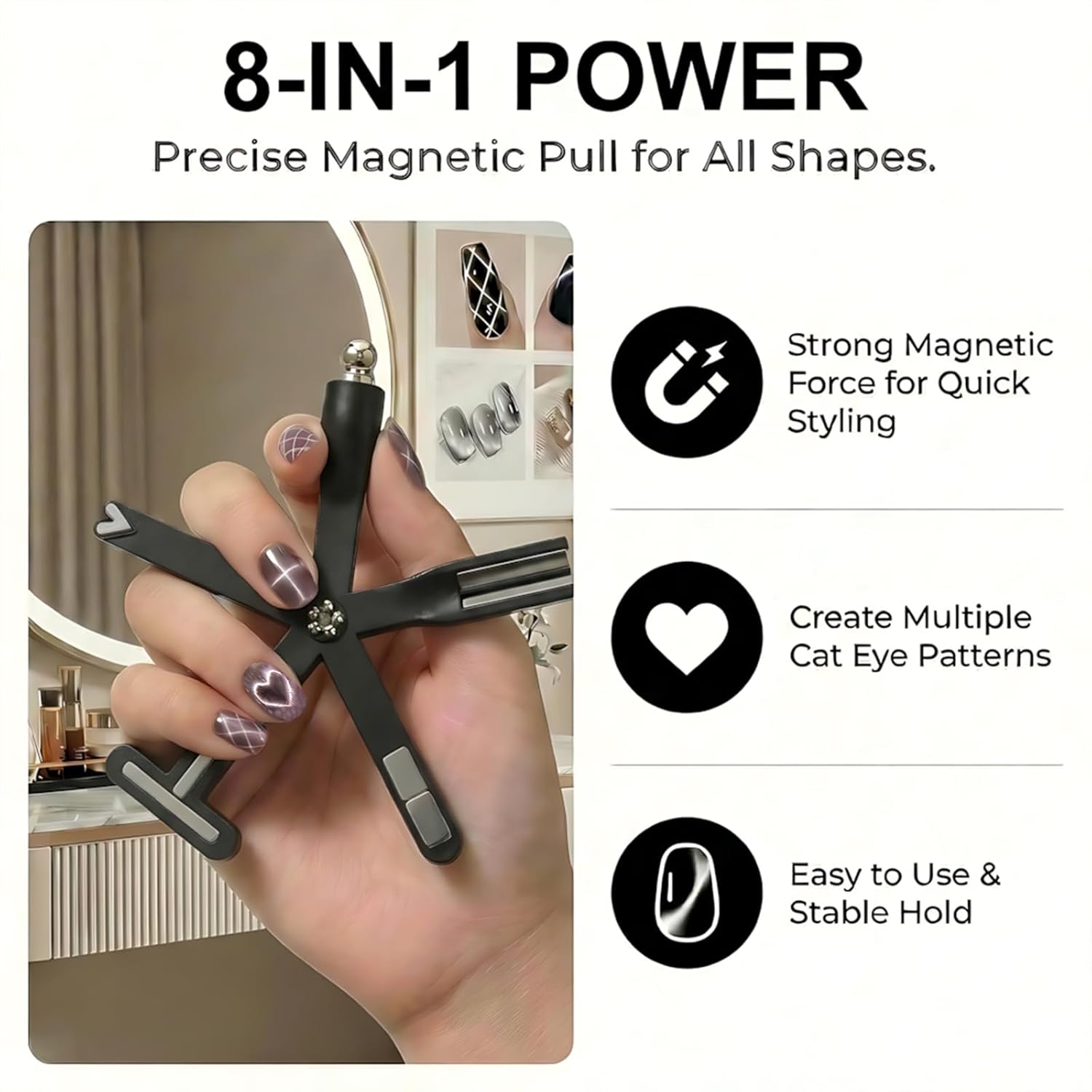 Plman 8 in 1 Cat Eye Magnet for Nail, Multifunctional Nail Magnets for Nail Art with Steel Ball, Magnet for Cat Eye Gel Polish for College Dormitories or Salon Home DIY (New 8 in 1 Set - Black)