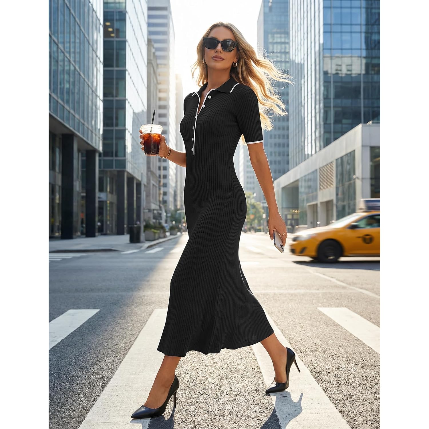 Merokeety Women'S Spring Summer Ribbed Maxi Dress 2026 Bodycon V Neck Button Short Sleeve Slim Fit Knit Sweater Dresses
