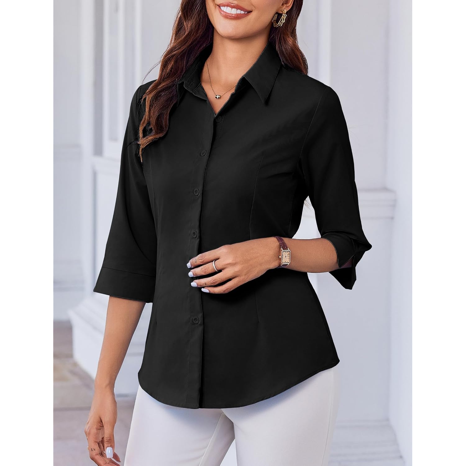 Women Button Down Shirts 3/4 Sleeve Basic Business Dress Shirt Slim Fitted Classic V Neck Button Up Work Blouse Tops