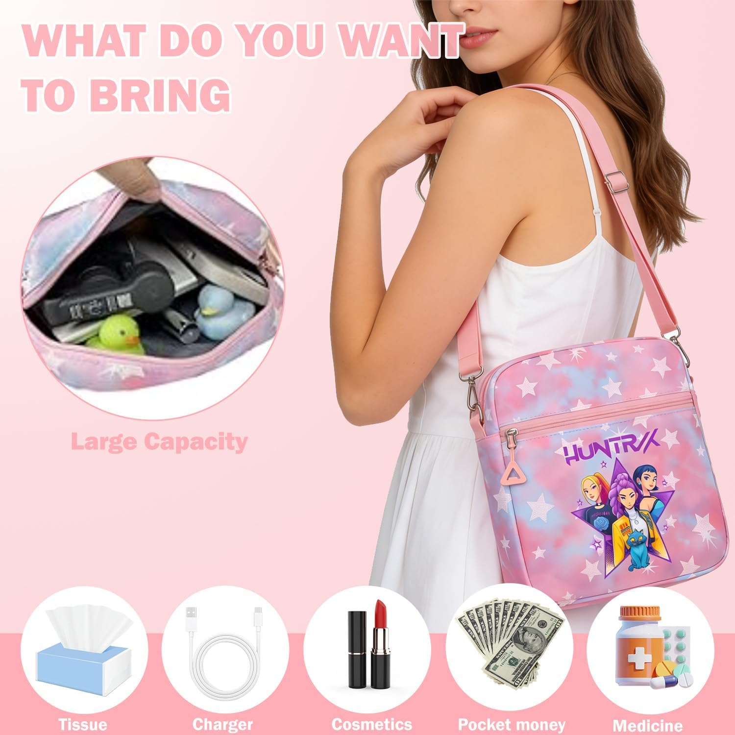 For Demon Hunters mini crossbody bag, For Korean idol,also a shoulder bag, features a cartoon pattern design. (khaki)
