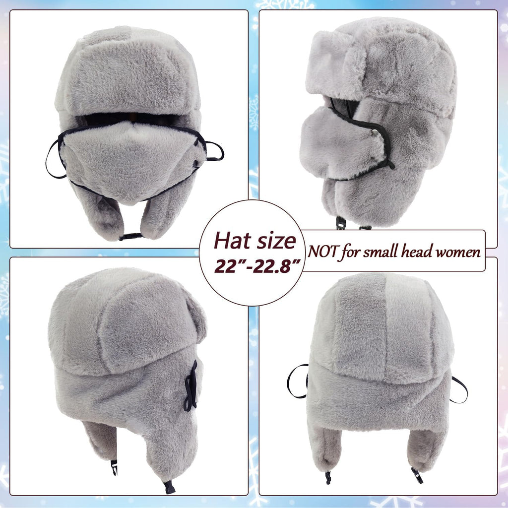 Winter Fur Hat with Removable Face Mask Fuzzy Russian Ushaka Furry Trapper Hat with Ear Flaps for Women Men Skiing Hiking