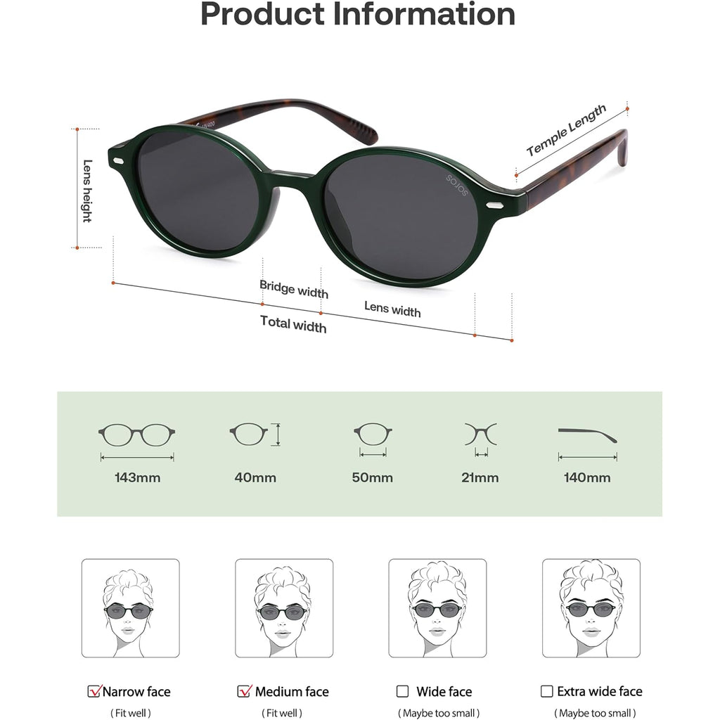 SOJOS Retro Oval Round Polarized Sunglasses Womens Mens, Small Chic Vintage Trendy Sunnies SJ2611 Dark Green/Grey