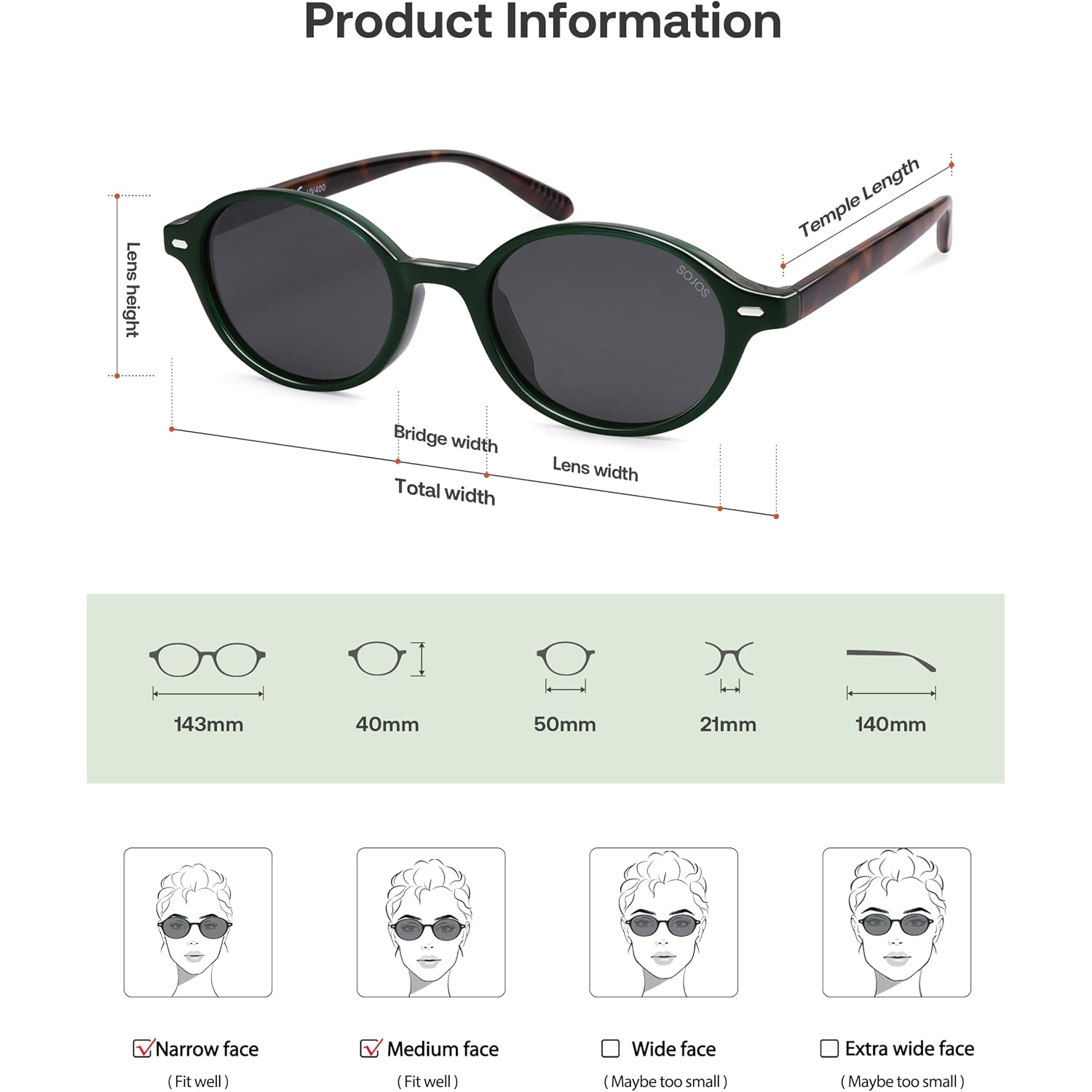 SOJOS Retro Oval Round Polarized Sunglasses Womens Mens, Small Chic Vintage Trendy Sunnies SJ2611 Dark Green/Grey