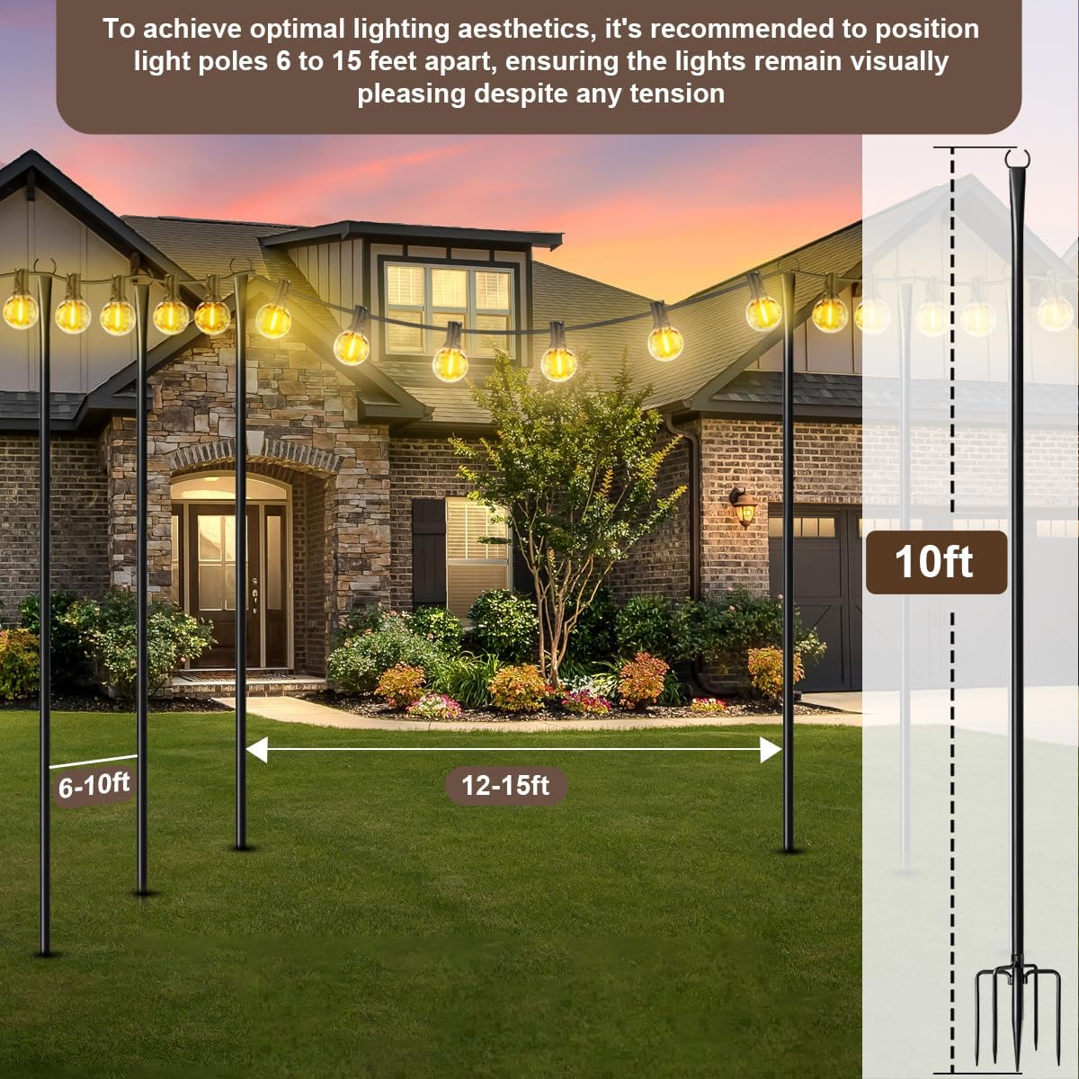 6 Pack 9Ft String Light Poles For Outdoor,Metal Lights Hanging Pole Outside With Fork,Light Stand For Patio, Pergola, Garden, Backyard, Yard, Camping Party