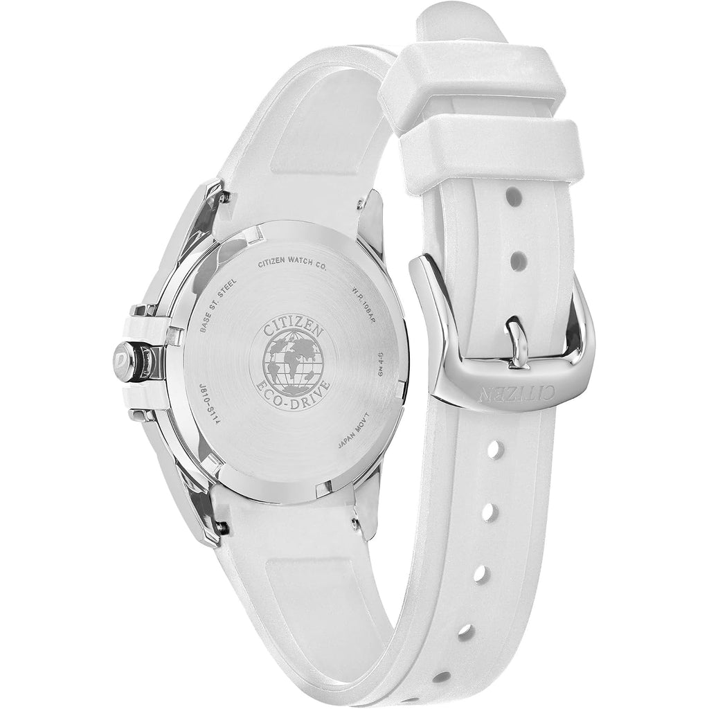 Citizen Ladies' Eco-Drive Classic Silver Stainless Steel 3 Hand Watch With White Rubber Strap,White Dial (Model:Fe6131-04A)