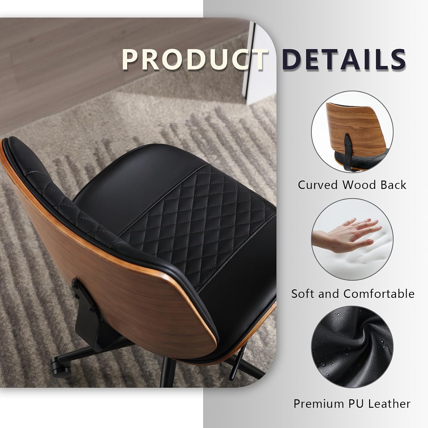 Home Office Chair No Arms With Wheels, Adjustable Height Small Desk Chair, Pu Leather Mid Back 360 Swivel Computer Chair, Armless Modern Walnut Chair For Office, Reading Meeting Room(Black)