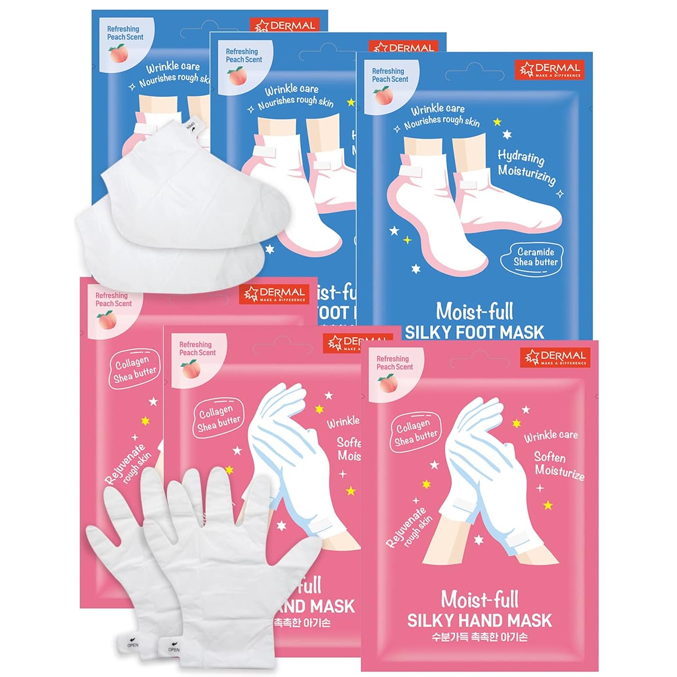 DERMAL Moistfull Silky Foot Socks & Hand Gloves Mask Combo 6 Pack - for Dry Feet and Hands - Home Spa Treatment - Dermatologist Tested, Cruelty Free, Korean Beauty