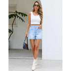Jean Shorts Womens Strechy High Waisted Denim Shorts with Patch Pocket Cuffed Hem Casual Summer S-XXL