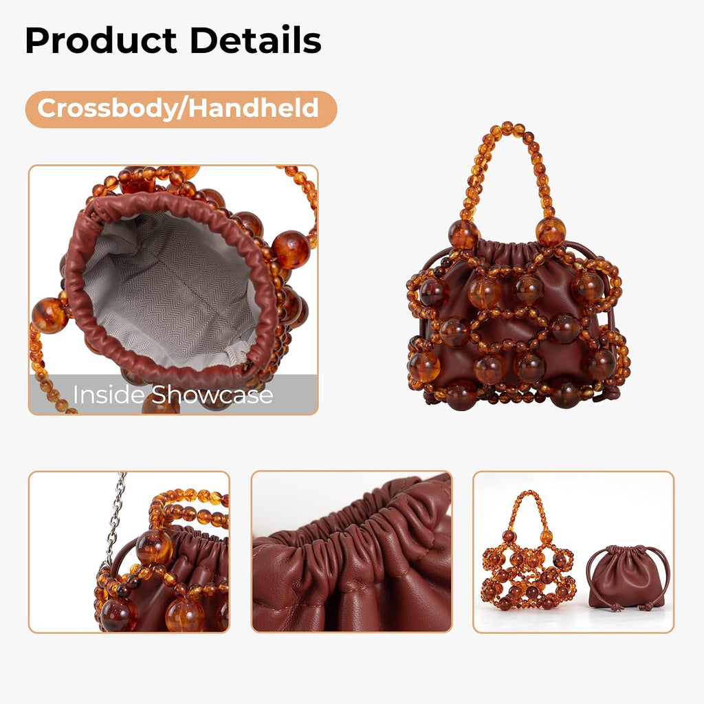 Women'S Brown Leather Shoulder Bag With Amber Bead Decoration, Bohemian Women'S Crossbody Bag, Cute Little Handbag