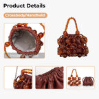 Women'S Brown Leather Shoulder Bag With Amber Bead Decoration, Bohemian Women'S Crossbody Bag, Cute Little Handbag