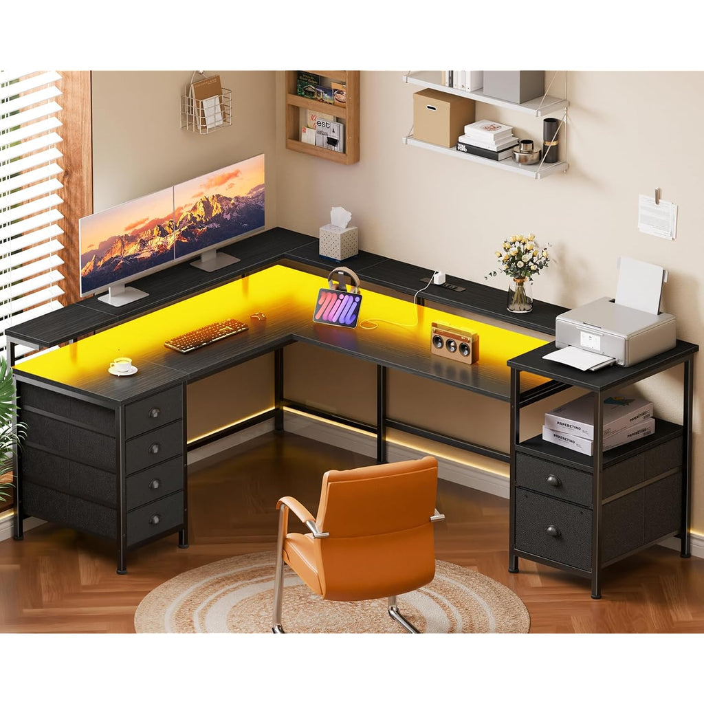 Furologee 66" Reversible L Shaped Gaming Desk With 6 Drawers & Printer Storage Shelves, Corner Computer Desk With Power Outlets & Led Lights, Home Office Table With Monitor Stand, Black