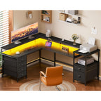 Furologee 66" Reversible L Shaped Gaming Desk With 6 Drawers & Printer Storage Shelves, Corner Computer Desk With Power Outlets & Led Lights, Home Office Table With Monitor Stand, Black