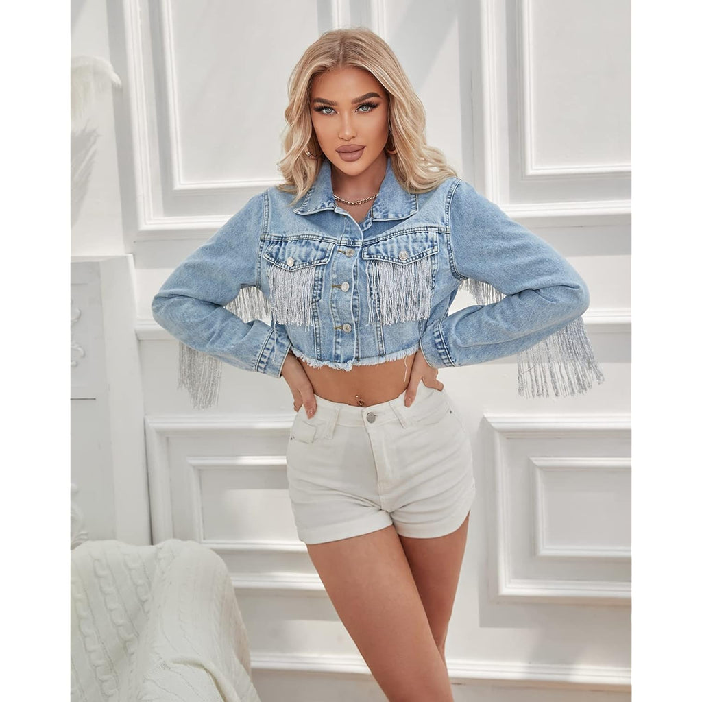 Women’S Crop Denim Jacket Tassel Casual Jean Coat With Fringe