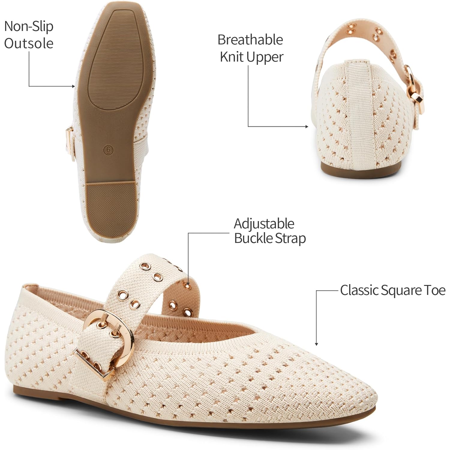 Trary Knit Flats for Women Square Toe Ballet Flats with Buckle Straps Mary Jane Shoes Women Comfortable Casual Dress Shoes for Work Daily Wear