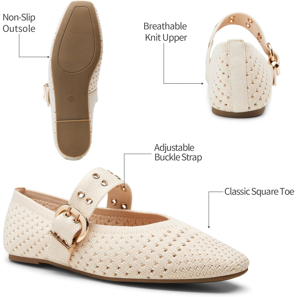 Trary Knit Flats for Women Square Toe Ballet Flats with Buckle Straps Mary Jane Shoes Women Comfortable Casual Dress Shoes for Work Daily Wear