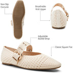 Trary Knit Flats for Women Square Toe Ballet Flats with Buckle Straps Mary Jane Shoes Women Comfortable Casual Dress Shoes for Work Daily Wear