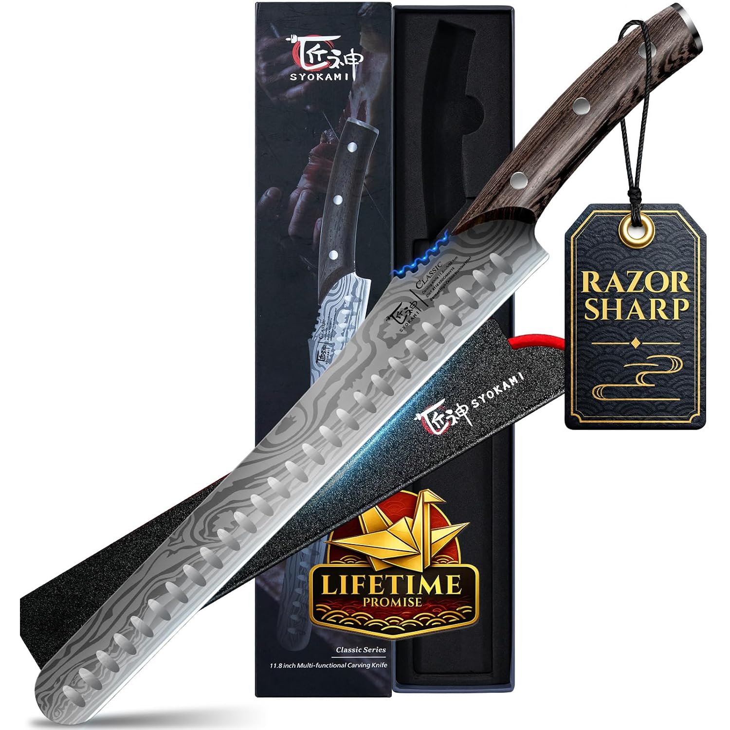 Brisket Slicing Knife, 12 Inch Multifunction Carving Knife For Meat Cutting, Japanese Style Meat Slicer With Wood Full Tang Handle, Damascus Pattern Long Slicing For Roast Beef, Ideal For Gift