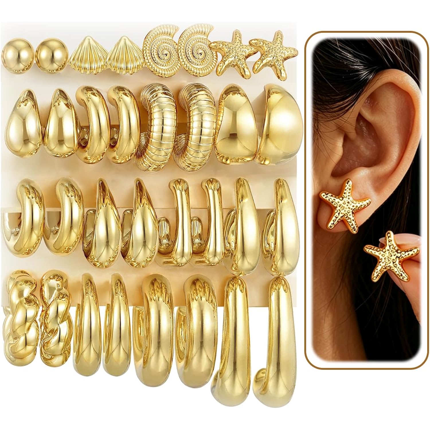 16 Pairs Starfish Chunky Gold Hoop Earrings Set for Women, Beach Shell Style Stack Statement Earrings, Hypoallergenic Lightweight Gold Plated Trendy Summer Jewelry Gift