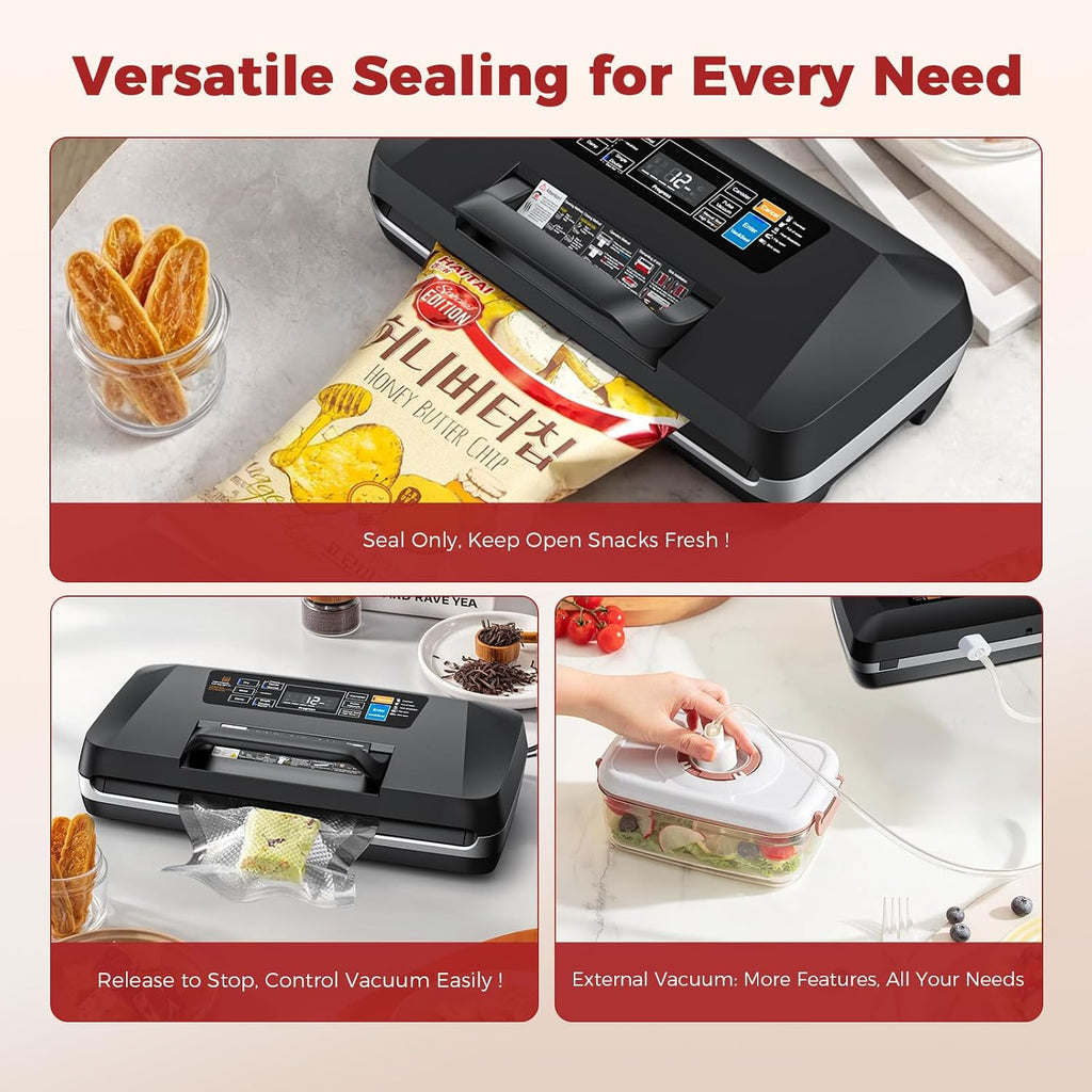 Vacuum Sealer Machine, Upgraded 230W 95Kpa 10-In-1 Food Sealer With Double Heat Seal For Dry Moist Food, Easy-Lock Handle, Hose, Built-In Cutter And Bag Storage + Bags (1 Roll + 10 Pre-Cut)