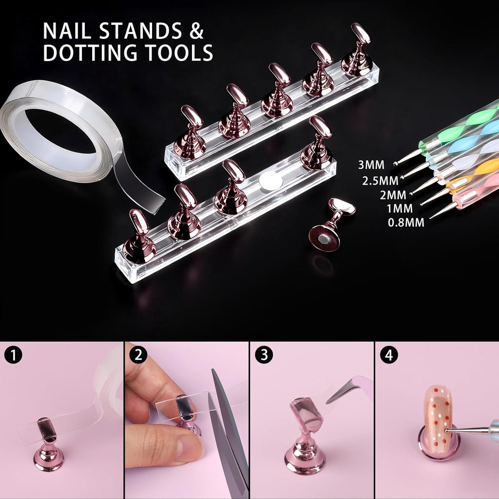 Teenitor 4 Boxes Nail Charms and Gems Set, Nail Rhinestones Nail Kit with Nail Art Brushes Nail Stand, Nail Gems Nail Design Tools with 15pcs Nail Stickers, Gold Nail Pearls for Women Nail Decorations