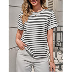 Tankaneo Womens Short Sleeve Striped Tshirts Summer Color Block Scalloped Tops Trendy Casual Basic Tee Shirts