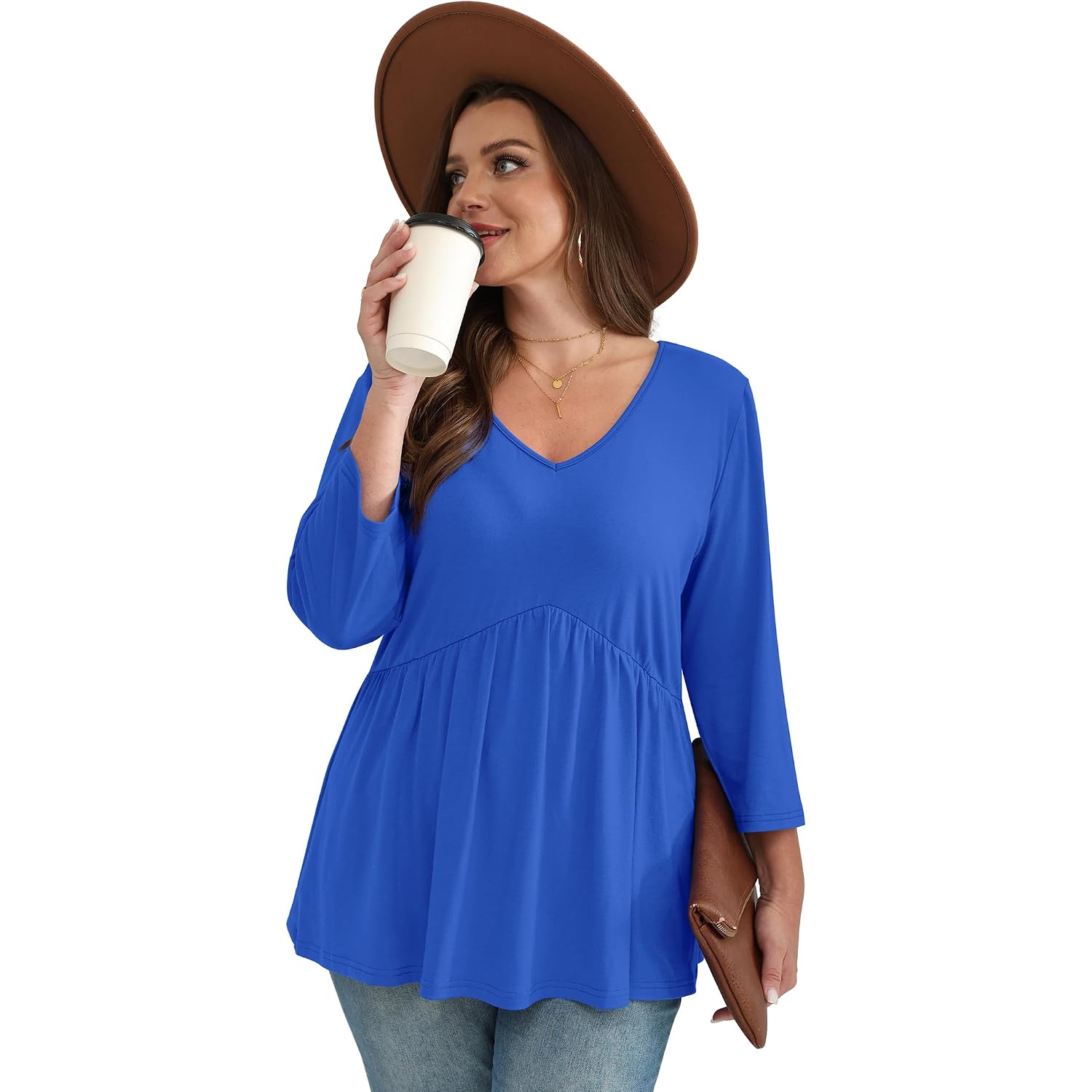 OFEEFAN 3/4 Length Sleeve Womens Tops 2025 Blouses for Women Dressy Casual Fashion Clothing V Neck Babydoll Tops Fall Outfits