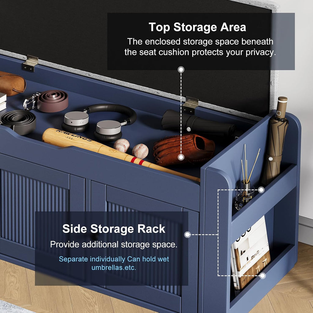 42.6" Storage Bench - Shoe Storage Bench With Side Storage Shelves And 3 Doors, Multifunctional Entryway Bench With Lift Top Cushion, Shoe Bench For Bedroom, Living Room, Entryway, Navy Blue