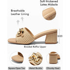 Coutgo Womens Raffia Slide Sandals Chunky Block Heeled Square Open Toe Metal Chain Slip On Mules Dressy Shoes