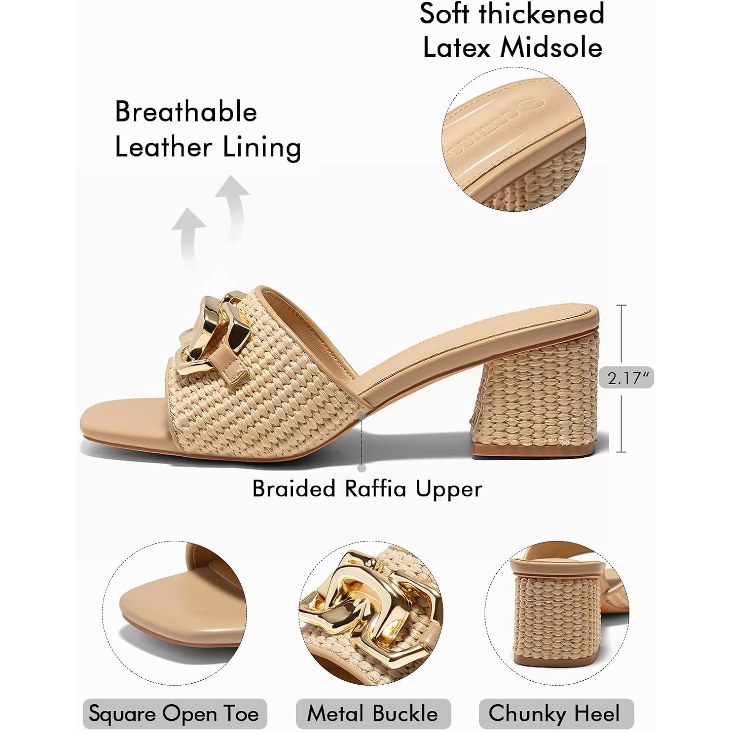 Coutgo Womens Raffia Slide Sandals Chunky Block Heeled Square Open Toe Metal Chain Slip On Mules Dressy Shoes