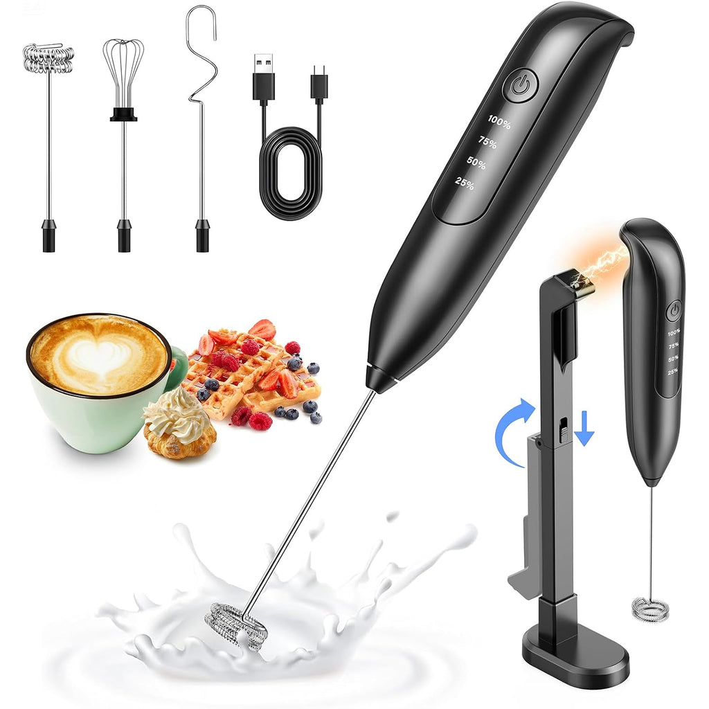 Electric Milk Frother Handheld: Coffee Frother Rechargeable 𝟑 𝐢𝐧 𝟏 - Led Display, Adjustable Wireless Charging - 3 Speeds, Stainless Steel Whisk For Latte, Cappuccino - Bright Black