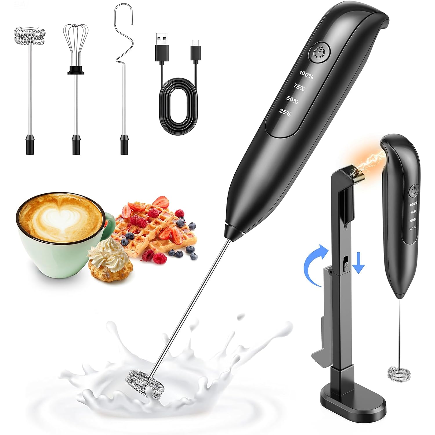 Electric Milk Frother Handheld: Coffee Frother Rechargeable 𝟑 𝐢𝐧 𝟏 - Led Display, Adjustable Wireless Charging - 3 Speeds, Stainless Steel Whisk For Latte, Cappuccino - Bright Black