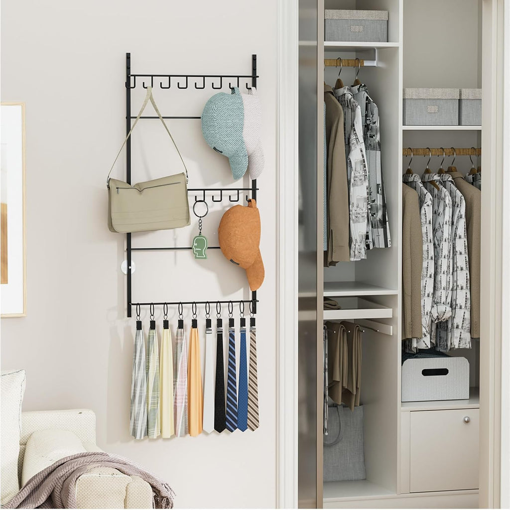 Hapirm Over Door Hat Rack - 3 Tier Wall Mounted Hat Organizer With 16 Hooks And 10 Movable Clips, Baseball Cap Organizer Storage Holds Up To 26 Caps For Door, Bedroom, Closet Uspto Patented