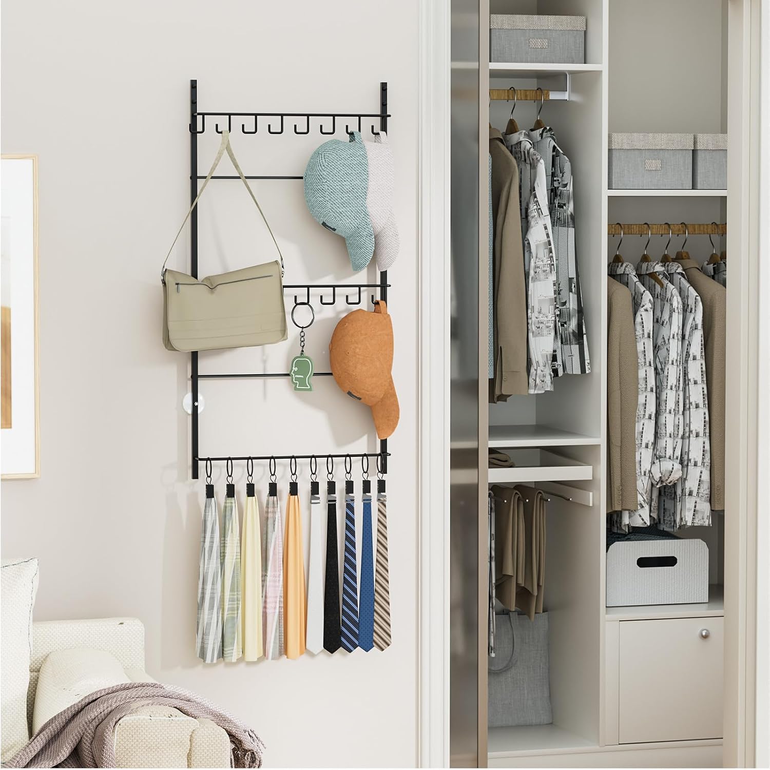 Hapirm Over Door Hat Rack - 3 Tier Wall Mounted Hat Organizer With 16 Hooks And 10 Movable Clips, Baseball Cap Organizer Storage Holds Up To 26 Caps For Door, Bedroom, Closet Uspto Patented