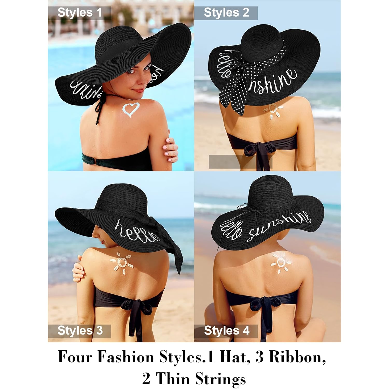 Senker Fashion Beach Hats for Women, Floppy Straw Sun Hat Embroidered Wide Brim for Summer Honeymoon Vacation Cruise