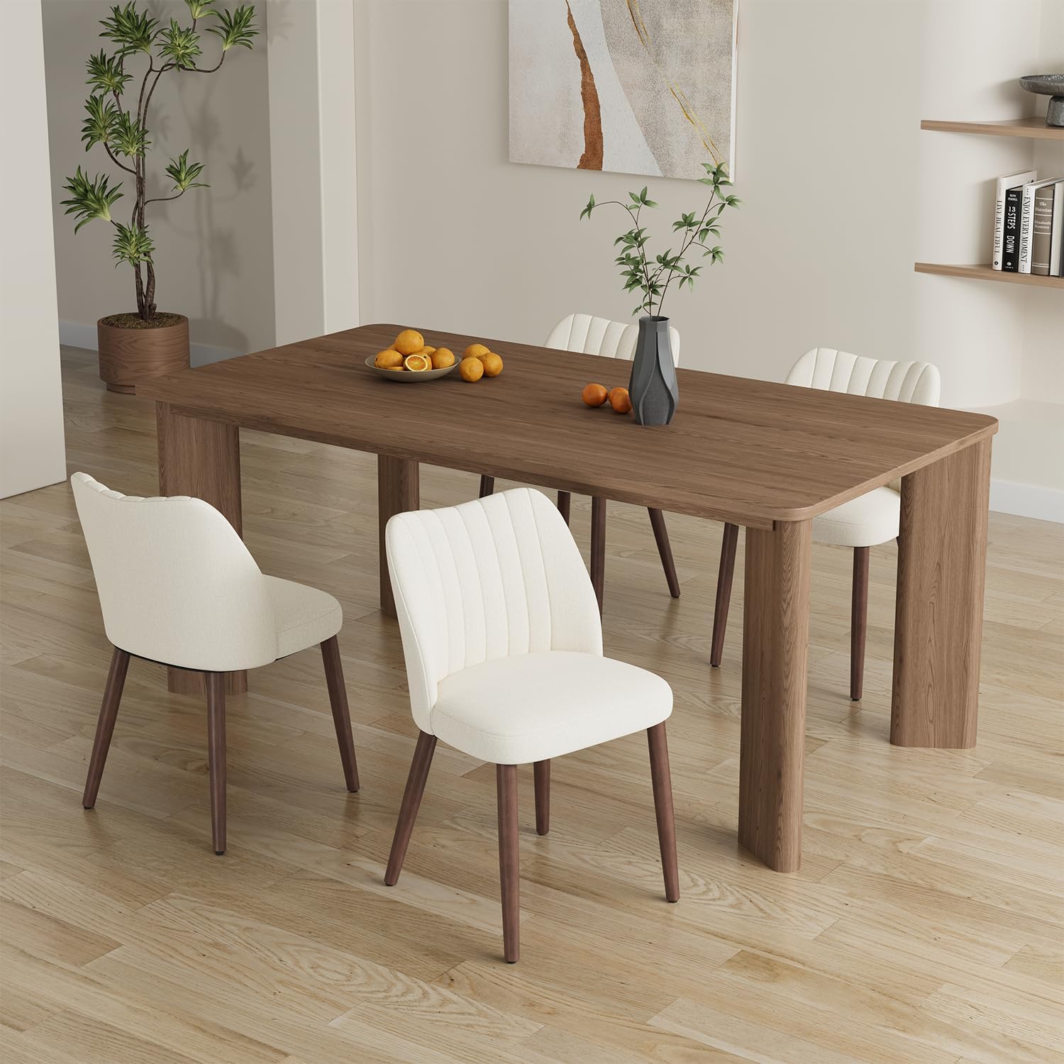 Upholstered Dining Chairs Set Of 4, Farmhouse Fabric Kitchen Chairs With Solid Wood Legs, Modern Dining Room Chairs For Restaurant & Cafe, Beige