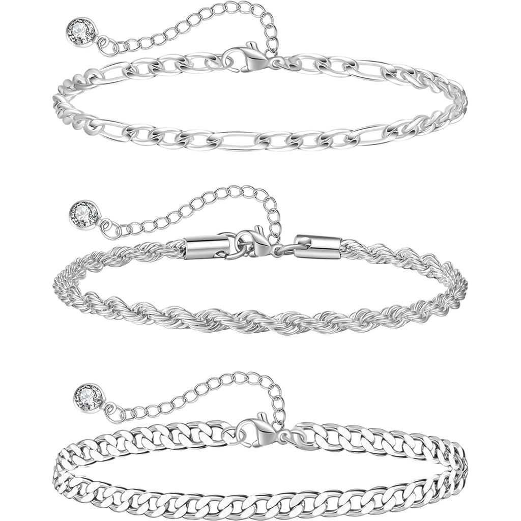 Sterling Silver Ankle Bracelets for Women Strong Lobster Clasp - Cuban Link, Figaro, Rope, Flat Mariner, Snake Herringbone, Satellite, Paperclip - Summer Beach Waterproof Silver Anklet
