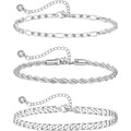 Sterling Silver Ankle Bracelets for Women Strong Lobster Clasp - Cuban Link, Figaro, Rope, Flat Mariner, Snake Herringbone, Satellite, Paperclip - Summer Beach Waterproof Silver Anklet