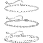 Sterling Silver Ankle Bracelets for Women Strong Lobster Clasp - Cuban Link, Figaro, Rope, Flat Mariner, Snake Herringbone, Satellite, Paperclip - Summer Beach Waterproof Silver Anklet