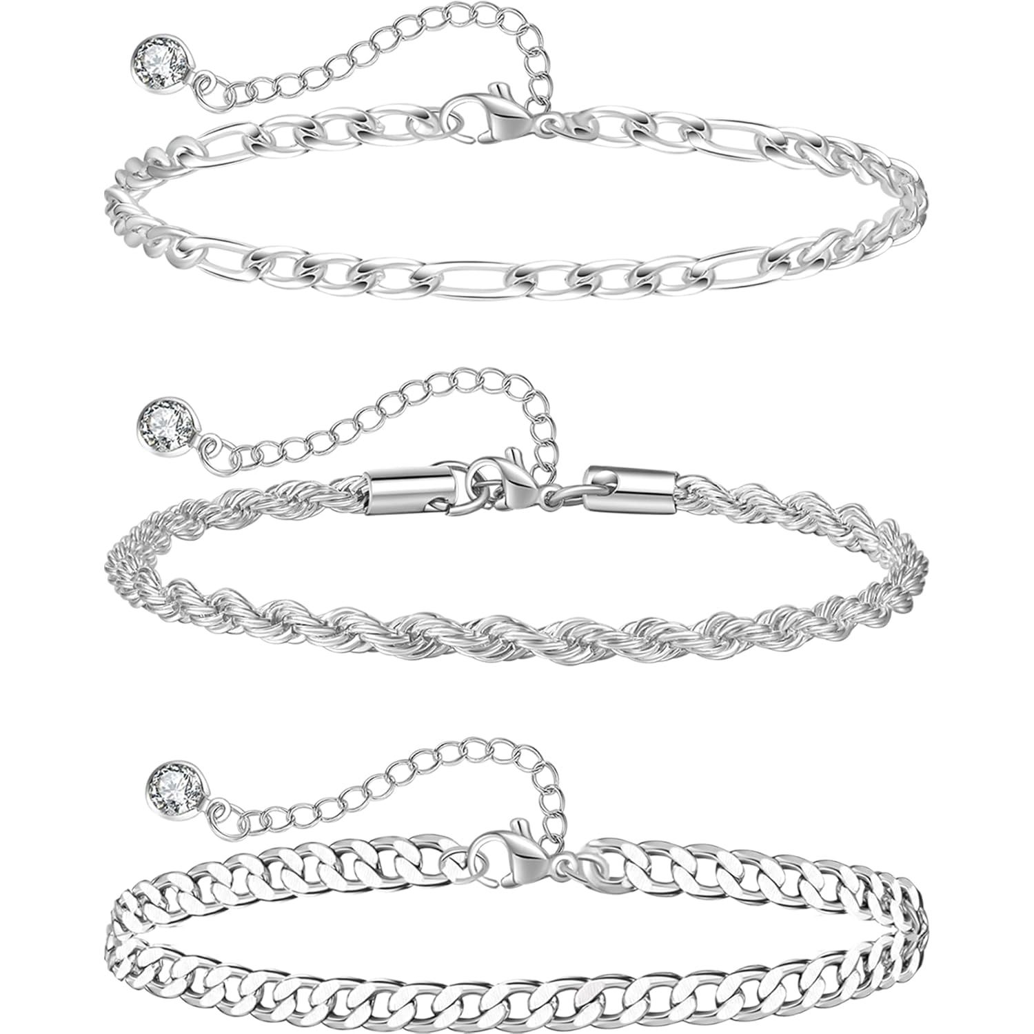 Sterling Silver Ankle Bracelets for Women Strong Lobster Clasp - Cuban Link, Figaro, Rope, Flat Mariner, Snake Herringbone, Satellite, Paperclip - Summer Beach Waterproof Silver Anklet