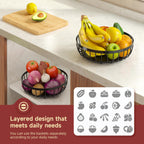 Sevenblue 2 Tier Large Fruit Basket for Kitchen Counter with 2 Banana Hangers, Metal Stackable Fruit Bowl for Kitchen Counter for Bread Vegetable Fruits, Black