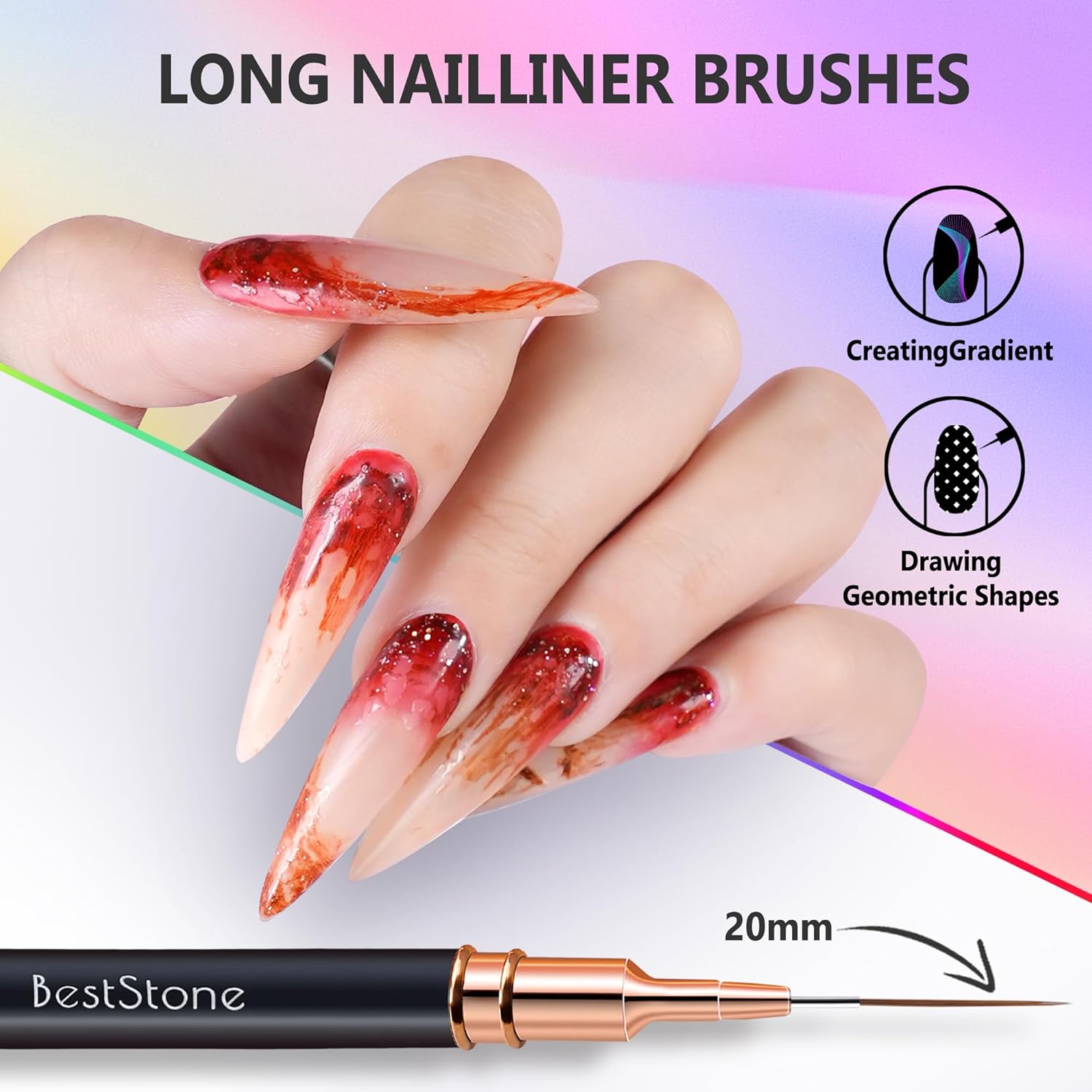 Nail Art Liner Brushes, 5Pcs Professional Gel Polish Painting Art Design Pen Set for Long Lines, Thin Details, Fine Drawing Sizes 5/7/9/11/20mm Nail Art Design Gift for Women(Multicolor)