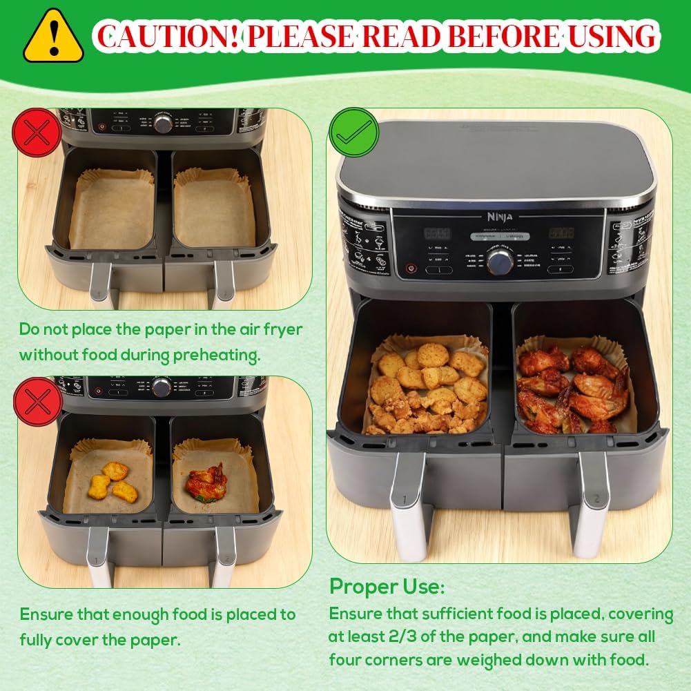 Bykitchen 300Pcs Air Fryer Liners For Ninja Dual Airfryer, Rectangle Disposable Air Fryer Parchment Paper Compatible With Ninja Dz201/ Dz401/ Dz550, Bella Slim Airfryer &More, Air Fryer Accessories