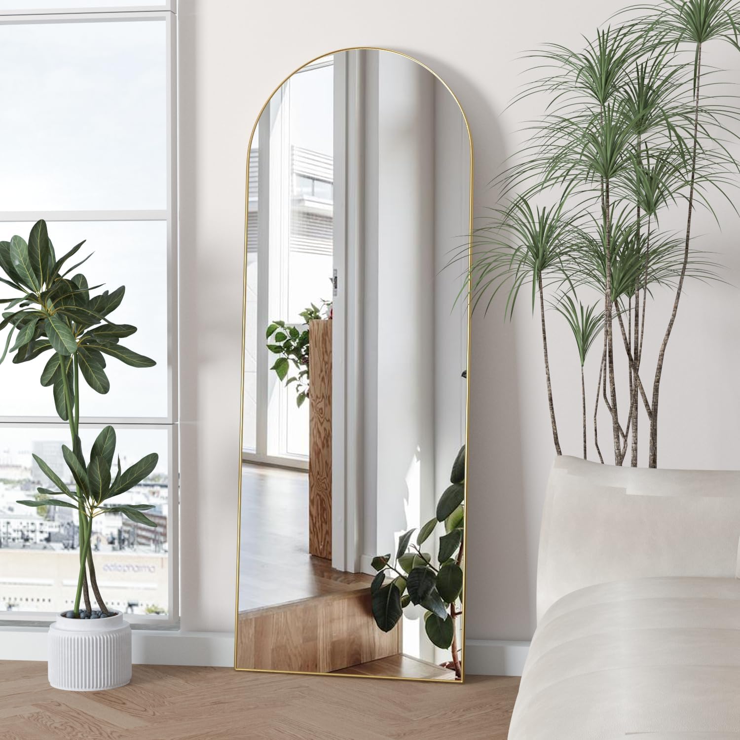 Full Length Mirror, 56"X16" Arch Floor Mirror With Stand, Gold Arched Full Body Standing Or Leaning Mirror For Bedroom, Living Room